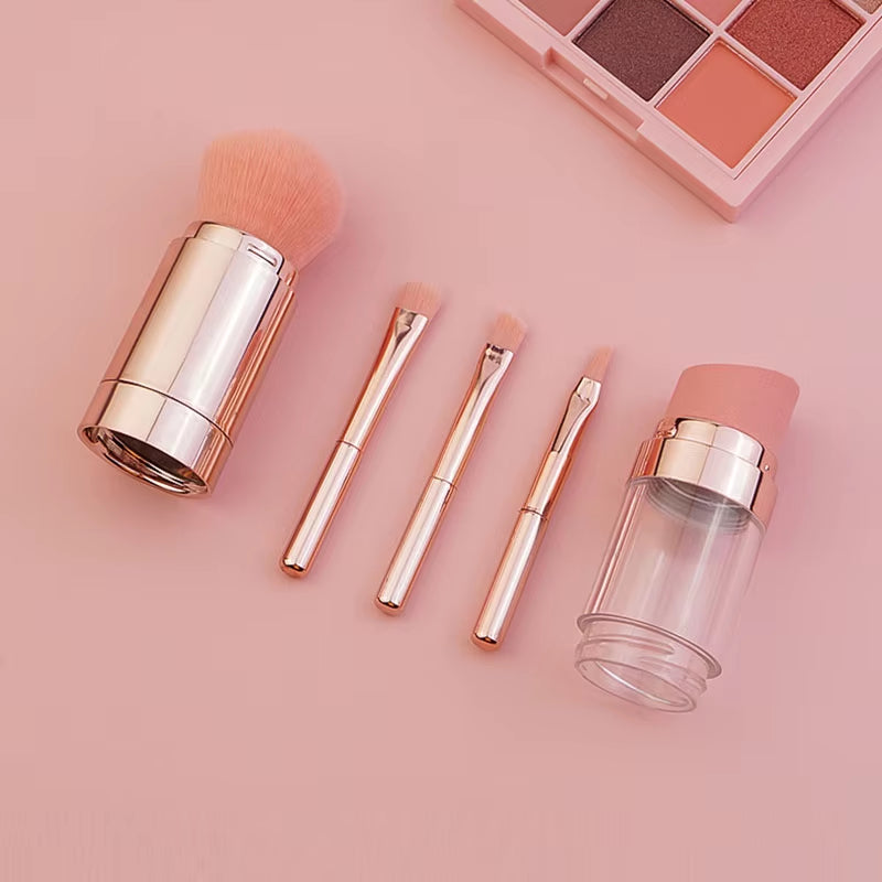 Transform Your Makeup Routine with the 5 in 1 Portable Retractable Makeup Brush Set - Perfect for Flawless Foundation, Eyebrows, Lips, Eyeshadow, and Loose Powder!