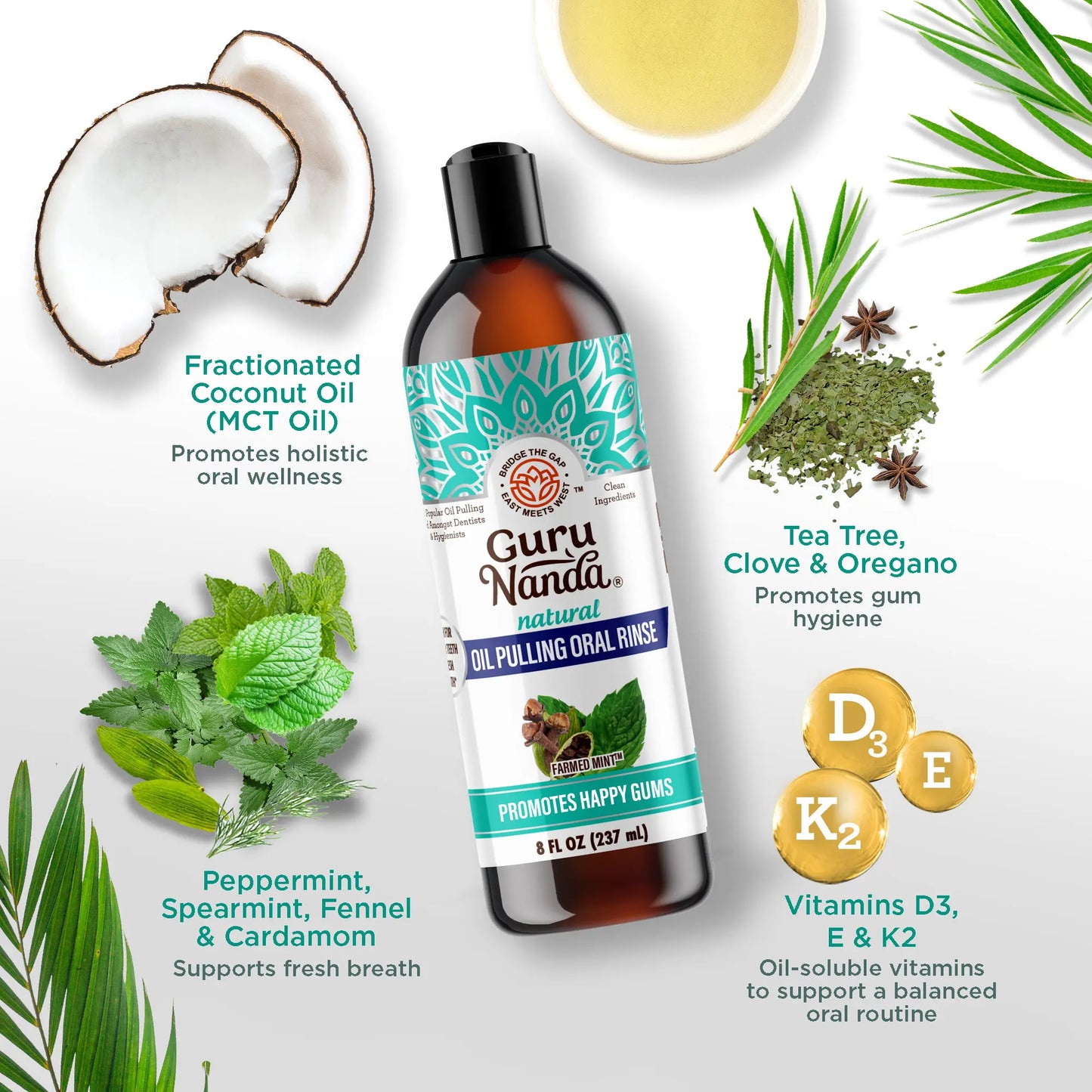 Revitalize Your Smile with Gurunanda Cocomint Pulling Oil - Infused with 7 Essential Oils & Vitamins for Ultimate Gum Health - 8 Oz