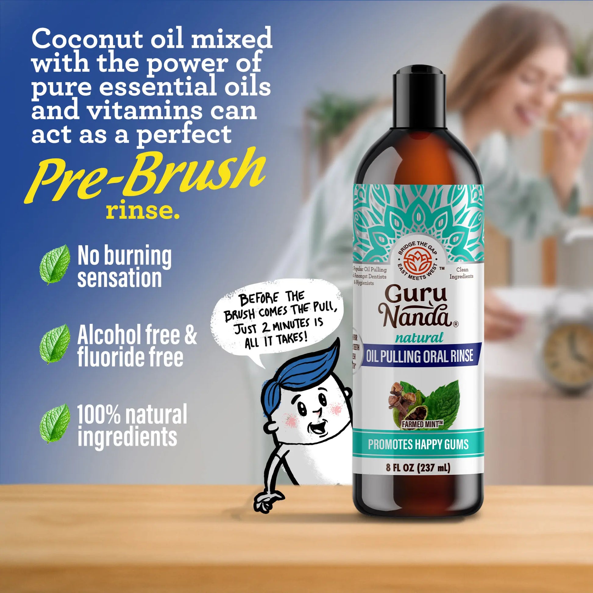 Revitalize Your Smile with Gurunanda Cocomint Pulling Oil - Infused with 7 Essential Oils & Vitamins for Ultimate Gum Health - 8 Oz