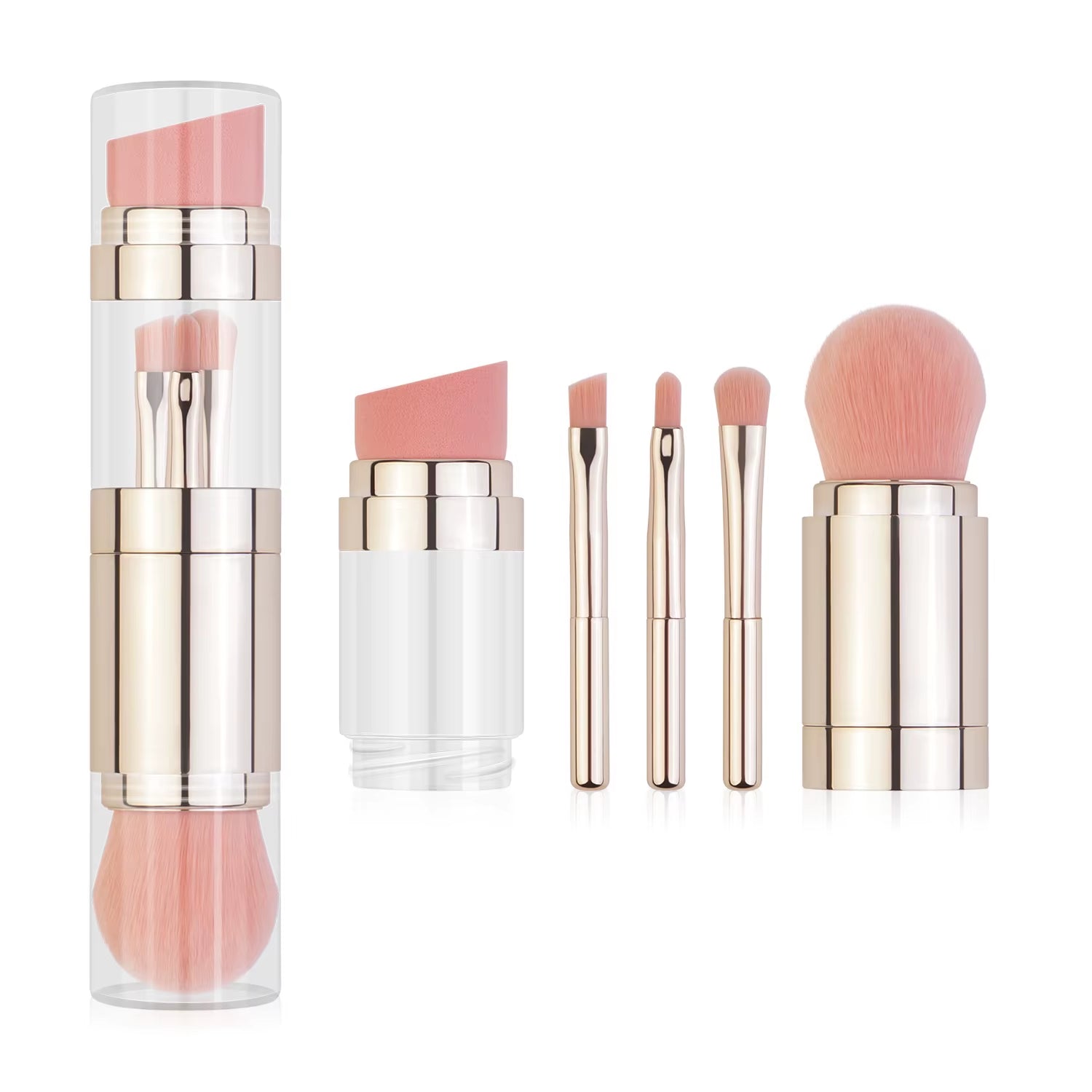 Transform Your Makeup Routine with the 5 in 1 Portable Retractable Makeup Brush Set - Perfect for Flawless Foundation, Eyebrows, Lips, Eyeshadow, and Loose Powder!