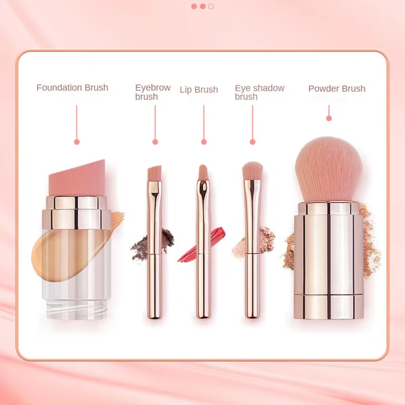 Transform Your Makeup Routine with the 5 in 1 Portable Retractable Makeup Brush Set - Perfect for Flawless Foundation, Eyebrows, Lips, Eyeshadow, and Loose Powder!