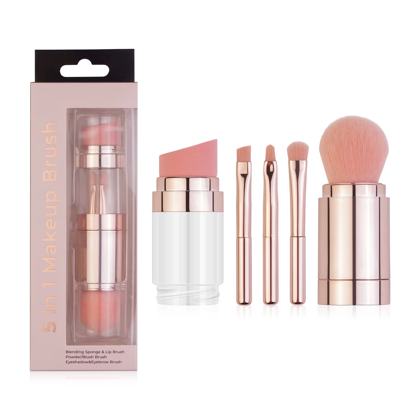 Transform Your Makeup Routine with the 5 in 1 Portable Retractable Makeup Brush Set - Perfect for Flawless Foundation, Eyebrows, Lips, Eyeshadow, and Loose Powder!