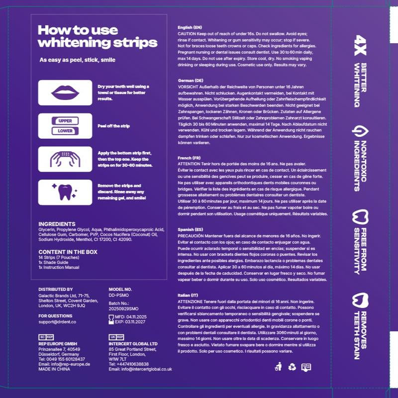 Experience a Brighter Smile with DR.DENT Purple Teeth Whitening Strips - 7 or 21 Sessions of Safe, Enamel-Friendly Whitening for Sensitive Teeth